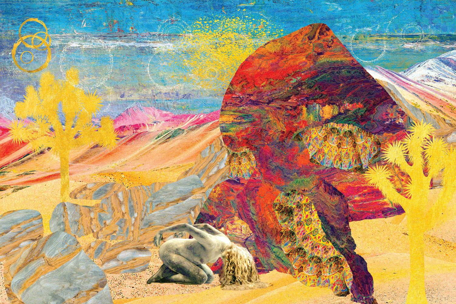 Deliver Me — hand-cut collage of a Joshua Tree desert landscape with gold Joshua trees, a monumental red and violet boulder, and a kneeling figure