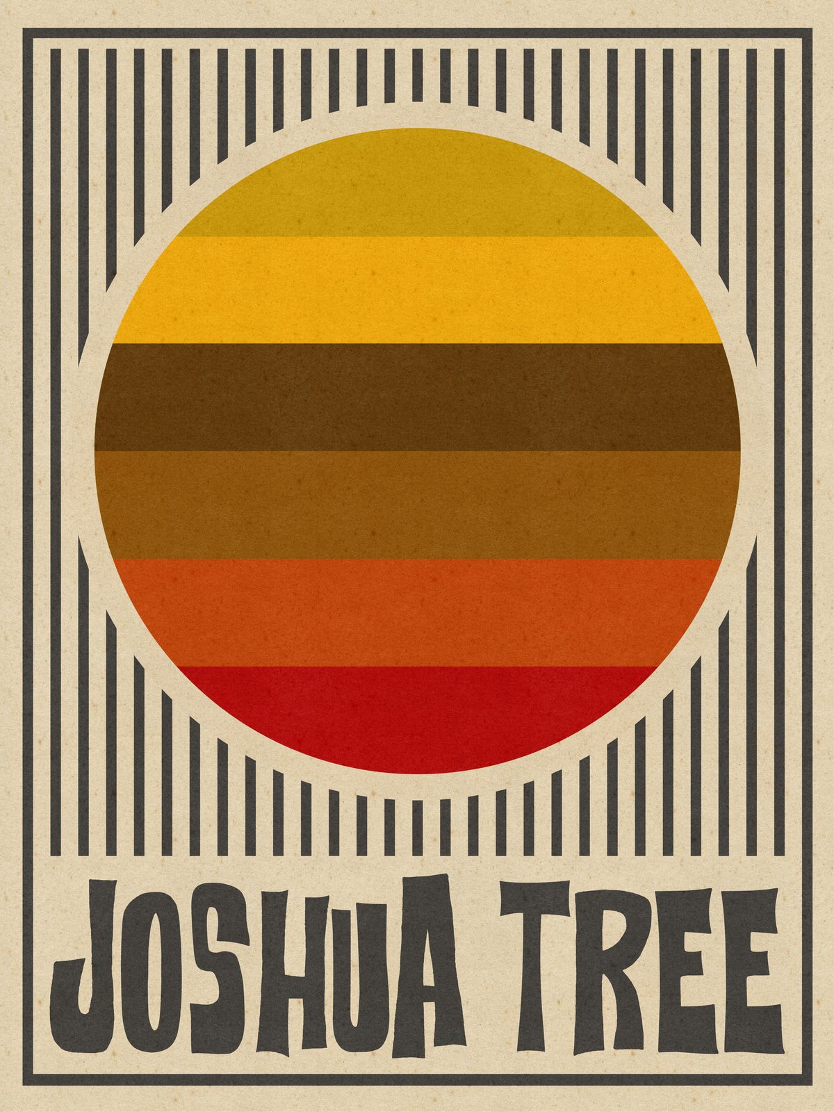 Joshua Tree — a SUPERSUN screen-print-style poster with a banded sun in ochre, rust and red, radiating lines, and hand-cut lettering