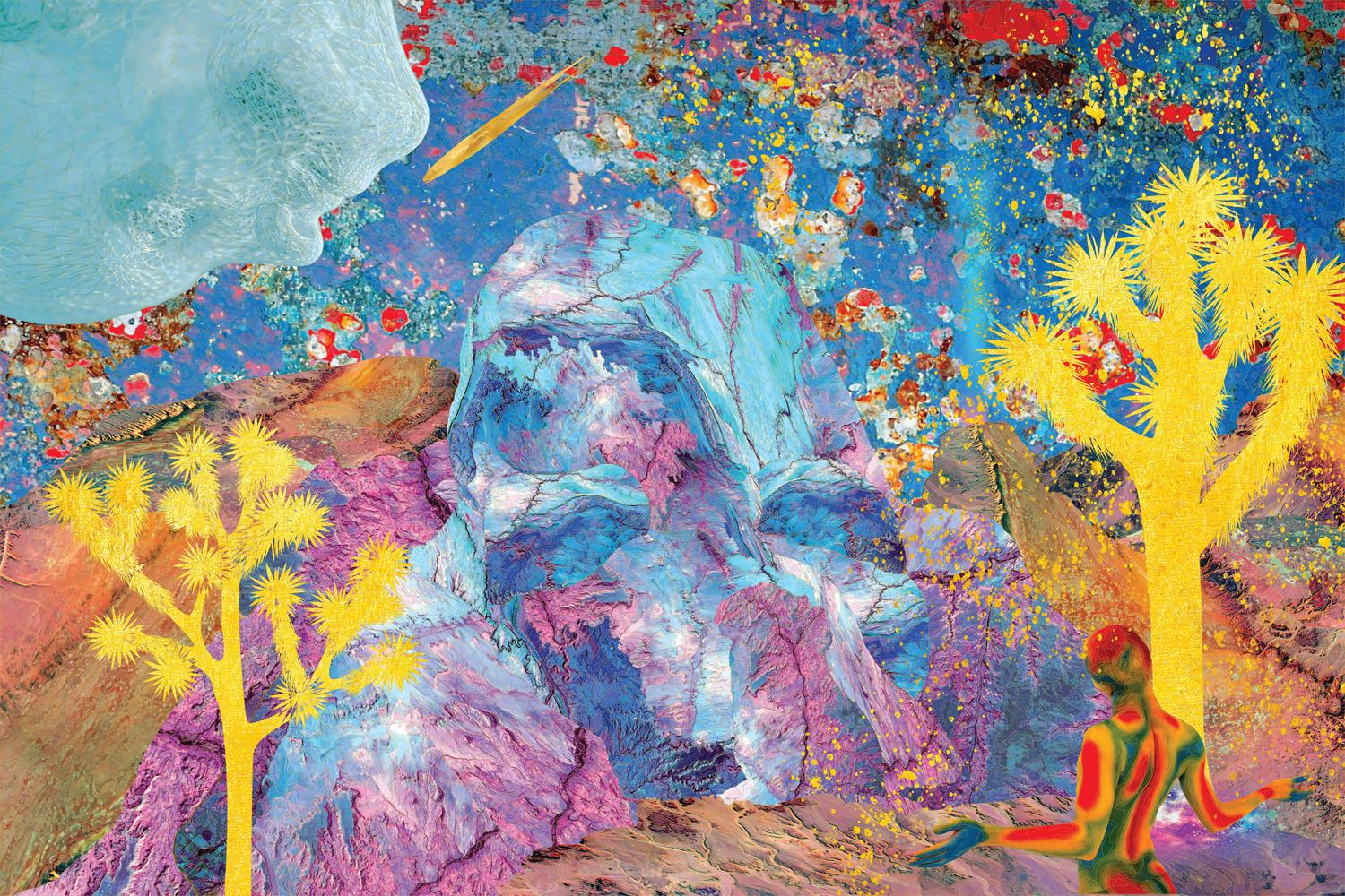 Untitled — hand-cut collage of a blue and violet boulder formation with gold Joshua trees against a mottled blue sky